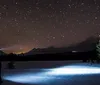 A group of people stand on a snow-covered ground at night gazing at a starry sky with a backdrop of mountains