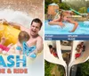 The image presents a collage promoting water-related activities including people going down water slides and enjoying a splash pad complemented by an inviting image of an ice cream with the words SPLASH Slide Tube  Ride superimposed on it