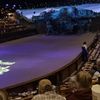 The image shows an audience seated at long dining tables overlooking an indoor arena designed to resemble a snowy landscape, possibly awaiting a live show or performance.