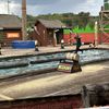 A person is balancing on a log in a timber sports arena, with themed decorations and signage suggesting a lumberjack competition or demonstration.