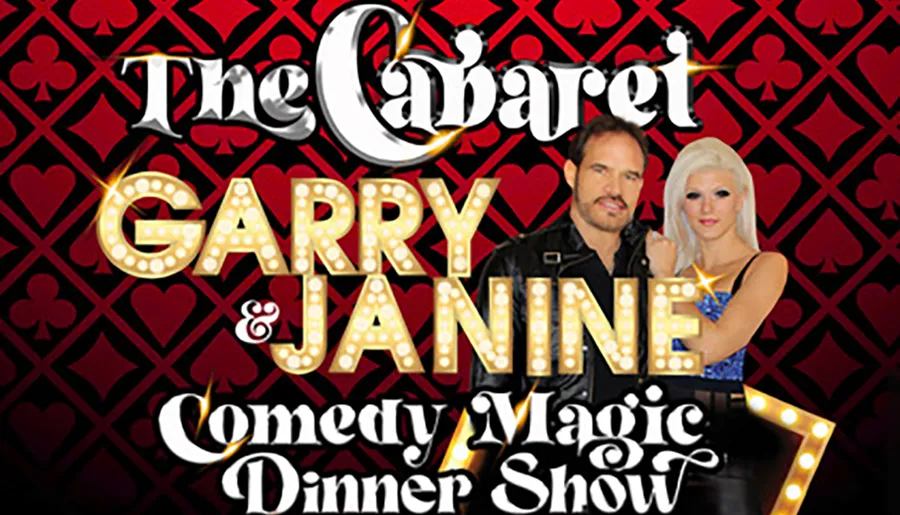 The image is a promotional graphic for The Cabaret featuring Garry and Janine, described as a comedy magic dinner show, with a male and female entertainer against a backdrop of red hearts and black diamonds.