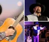 A smiling person in a cowboy hat holds a guitar up in the air against a soft-focus background