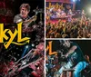 The image is a vibrant collage of band members performing energetically with an overlay of Jackyls logo on a background that resembles a splattered grungy version of the American flag