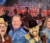 The image is a vibrant promotional graphic featuring a group of smiling musicians dressed in country-style attire overlaying a background with a rustic metallic look and neon sign text that reads Down Home Country