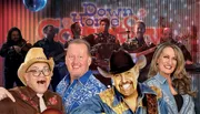 The image is a vibrant promotional graphic featuring a group of smiling musicians dressed in country-style attire, overlaying a background with a rustic metallic look and neon sign text that reads 