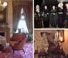 The image is a collage of four photos showing traditional Christmas scenes including decorated interiors with Christmas trees people in Victorian-era clothing singing carols and an outdoor shot of a snowman