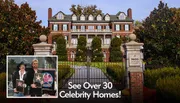 The image features a grand mansion with lush greenery in the background, an inset of two people holding plaques, and the text 