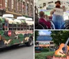 The image shows a camouflaged school bus decorated with Christmas lights and a wreath branded as The Redneck Bus Tour