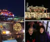 The image shows a camouflaged school bus decorated with Christmas lights and a wreath branded as The Redneck Bus Tour