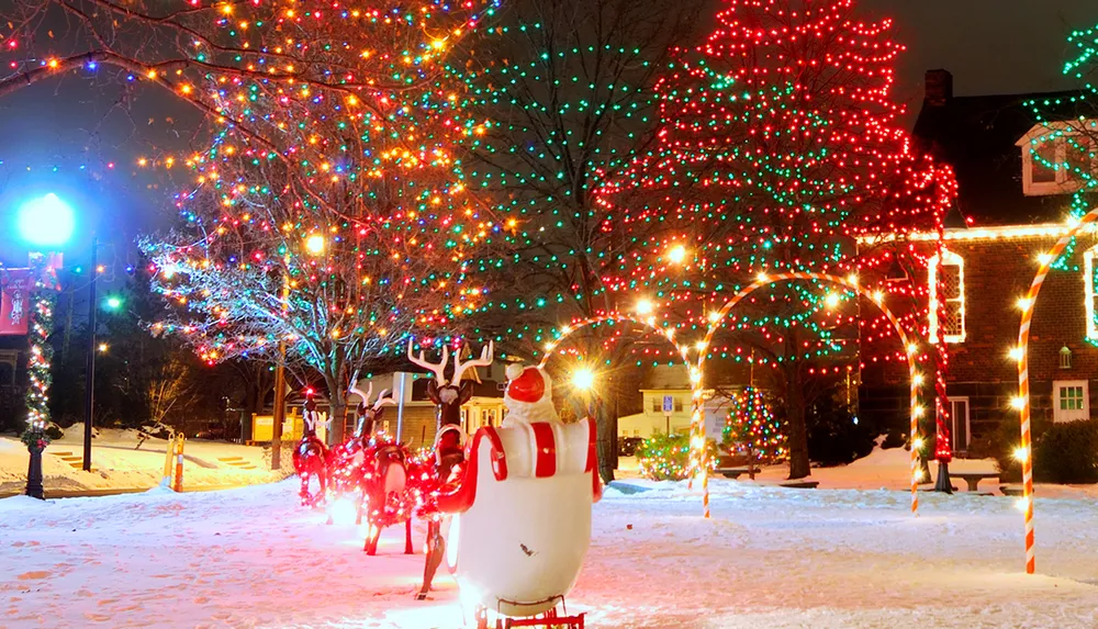 The image shows a vibrant outdoor Christmas display with illuminated trees lighted reindeer and a Santa decoration on a snowy evening