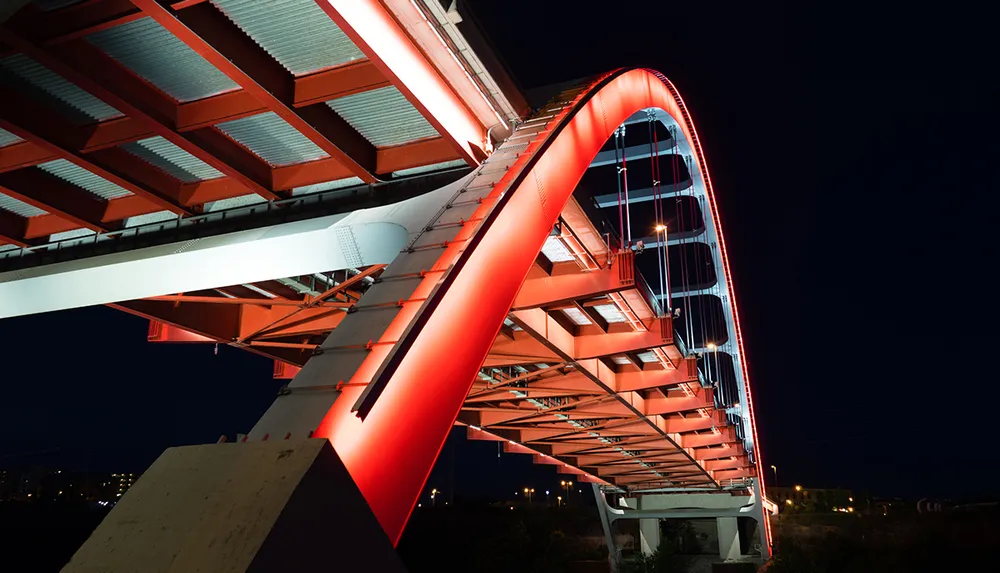 A modern bridge illuminated in red and blue lights stands out against the night sky