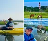 A smiling person in a life jacket takes a selfie while kayaking in a grassy waterway with a horse wading and grazing in the background