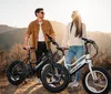 A man and a woman are standing with electric bicycles outdoors enjoying a sunny day