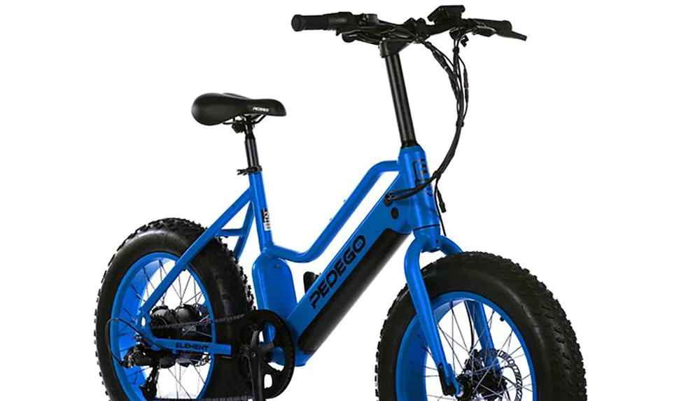 The image shows a blue fat-tire electric bicycle against a white background