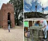 Visitors explore the ruins of a historic brick building with an adjacent large tree set against a cloudy sky