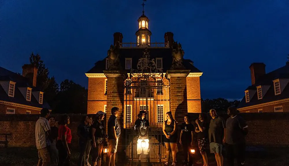 A group of people stand in front of an illuminated historic building at dusk listening to a guide dressed in period clothing