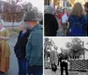 A group of people is listening to a woman dressed in historical attire possibly a reenactor or tour guide on a street that appears to come from an earlier era