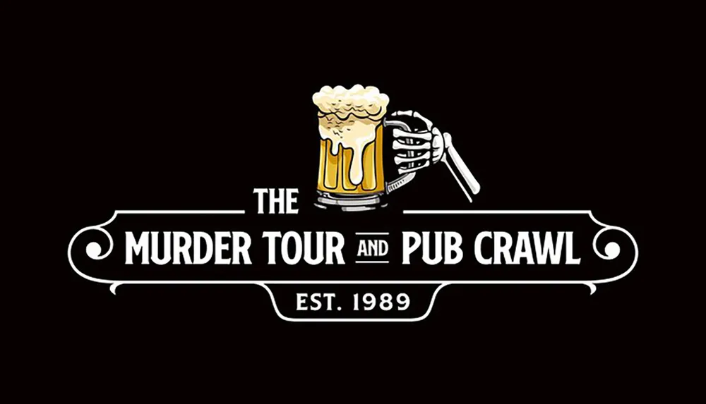 The image represents a logo that includes a frosty beer mug and a skeletal hand holding a knife for an event called The Murder Tour and Pub Crawl established in 1989 against a black background