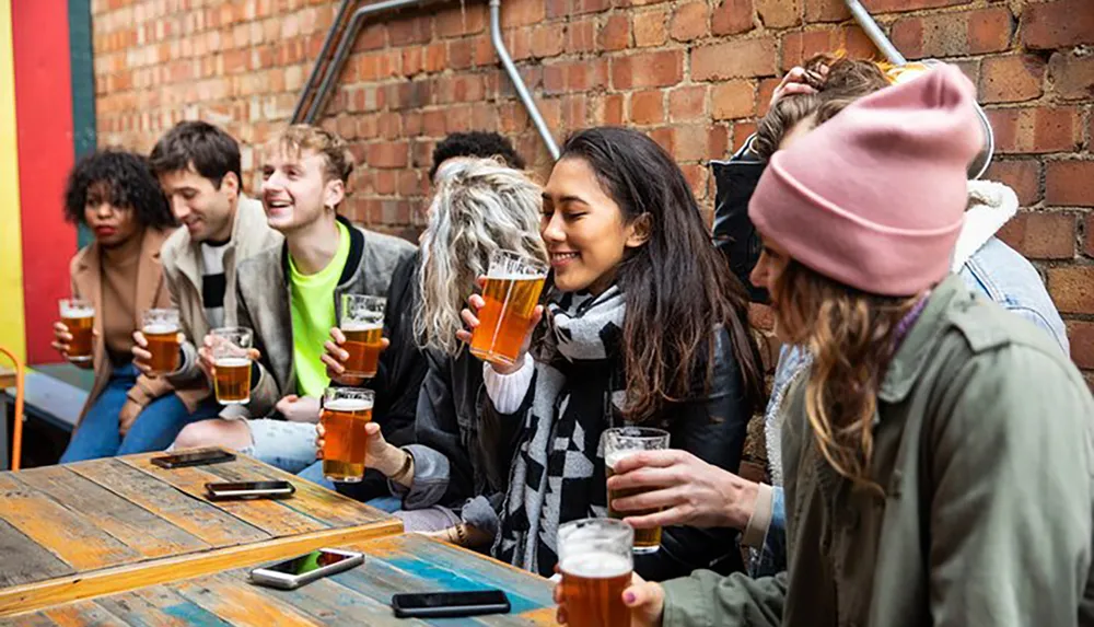 A diverse group of friends is enjoying pints of beer together at an outdoor table with a brick wall in the background