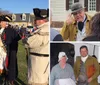 Two people dressed in historical military costumes are participating in an outdoor community event with a crowd that includes children playing