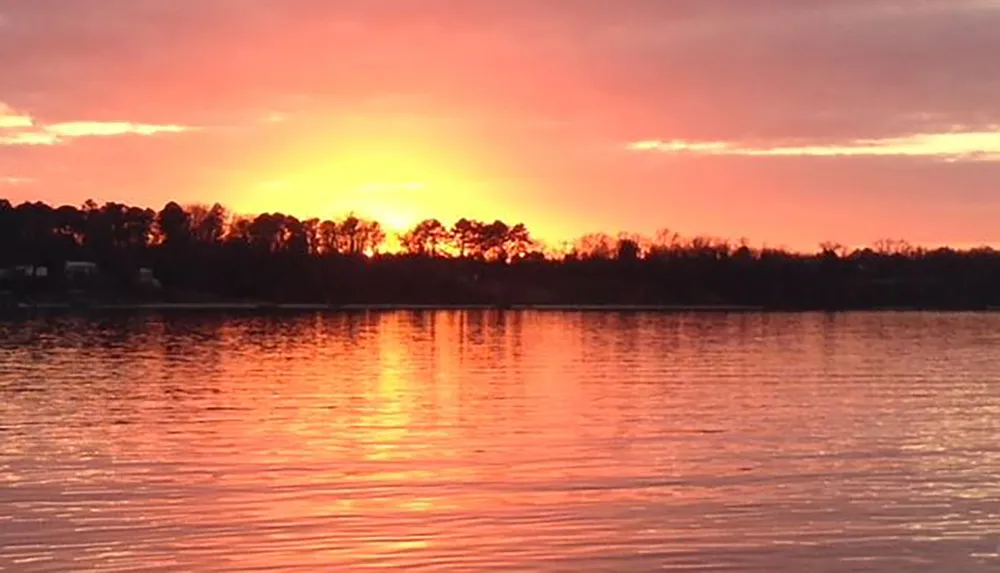 The image shows a tranquil sunset over a body of water with a silhouette of trees along the horizon