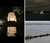 The image shows a nighttime scene with a brightly lit monument and a historic building reflecting on a body of water