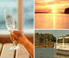 A couple wearing sunglasses enjoys a relaxed moment on a boat with an inset image of two champagne glasses clinking