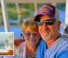 A couple wearing sunglasses enjoys a relaxed moment on a boat with an inset image of two champagne glasses clinking