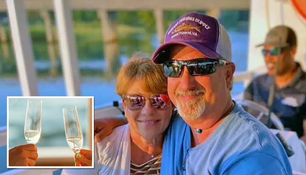 A couple wearing sunglasses enjoys a relaxed moment on a boat with an inset image of two champagne glasses clinking