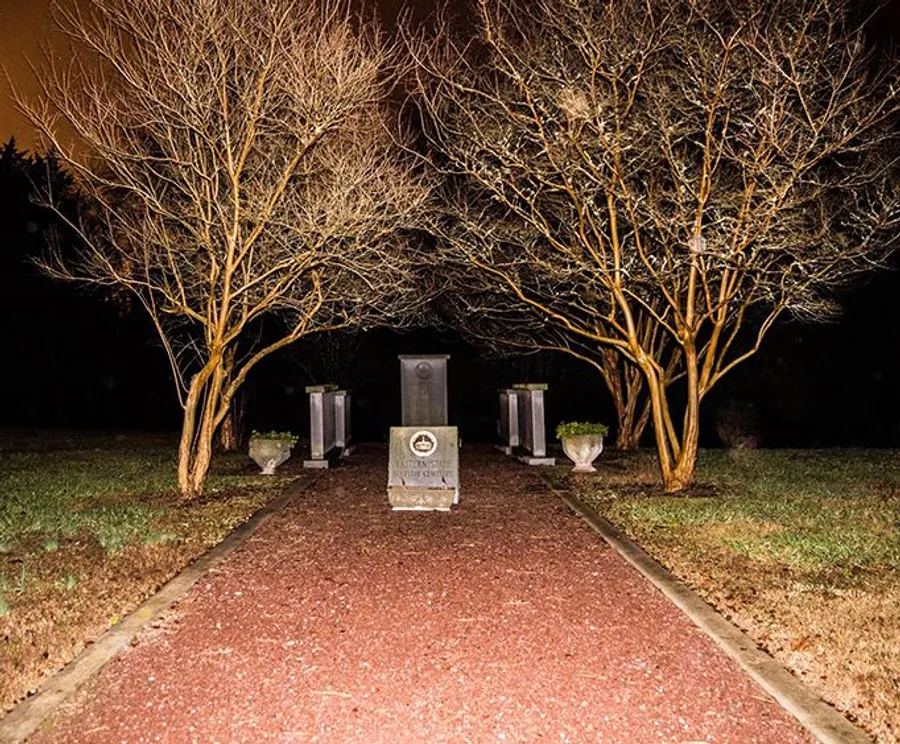 A nighttime view of a well-lit memorial pathway flanked by leafless trees and lined with monuments and urns.