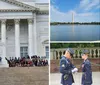 The image shows a group of people sitting on the steps of a neoclassical building with columns and a wreath possibly during a public event or ceremony