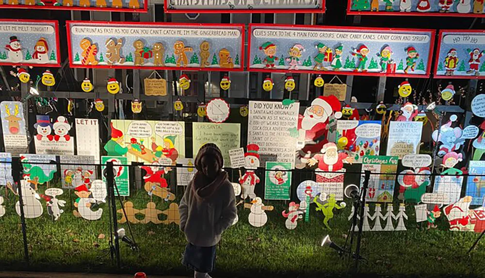 A person is standing in front of a brightly lit festive Christmas display with various decorations signs and figures