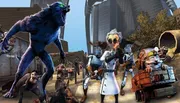 The image shows a group of animated characters with a mix of humans and anthropomorphic animals, armed and ready for battle in a post-apocalyptic setting.