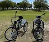 A bicycle with a basket and rear cargo rack is parked on the grass by a coastal roadway with a view of the water and clear sky in the background