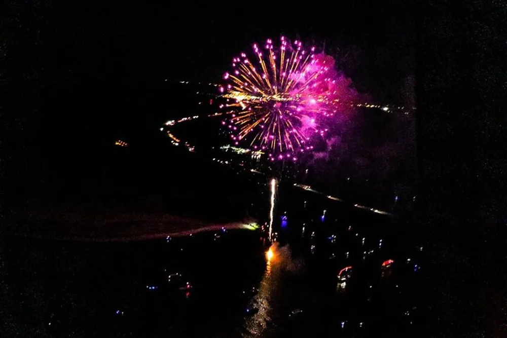 A vibrant purple firework bursts in the night sky above a dimly lit area with lights reflecting on a nearby body of water