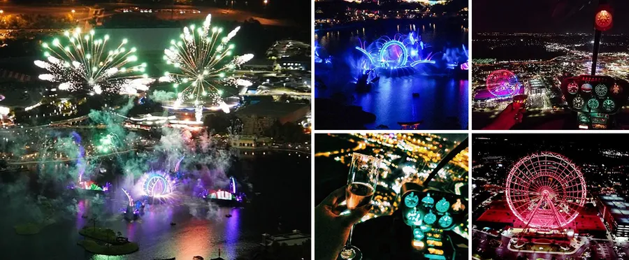 The image depicts four different nighttime scenes featuring vibrant lighting and fireworks, with views of brightly lit Ferris wheels and festive celebrations.