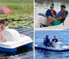 Three people are enjoying a sunny day on a pedal boat in a pond with lily pads while one of them holds an open umbrella for shade