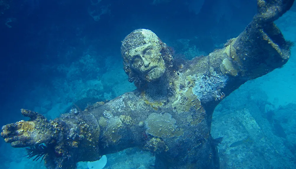 A submerged statue with outstretched arms is encrusted with marine life on the ocean floor