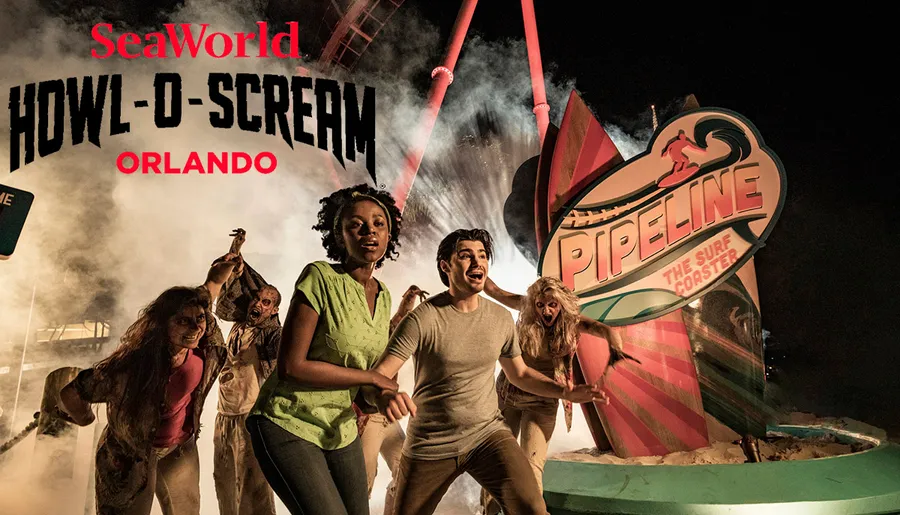 The image is a promotional advertisement featuring two people in horror makeup representing zombies or ghouls for the SeaWorld Howl-O-Scream event in Orlando, running select nights from September 8 to October 31, 2023.