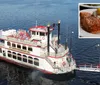A traditional paddlewheel riverboat is cruising on calm waters under a clear sky