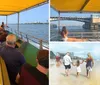 A smiling family of five is enjoying a sunny boat ride with a scenic water view in the background