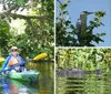 Two people are kayaking along a peaceful tree-lined waterway enjoying the outdoors