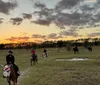 Two riders on horses are enjoying a vibrant sunset over a field peppered with yellow flowers