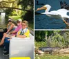 A group of friends is enjoying a leisurely boat ride along a canal lined with lush greenery