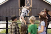 A group of children, with one wearing a cowboy hat, are petting and admiring a light-colored horse at a farm, with an adult supervising.