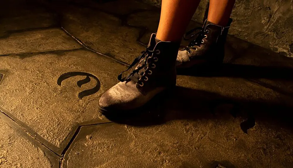 The image shows a close-up of a persons feet in boots standing on a floor with question mark symbols