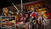 The image depicts a staged medieval jousting scene between two armored individuals on horseback in front of an audience, alongside an inset photo of roasted poultry with accompaniments, representing a themed dining experience.