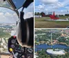 Two people are piloting a helicopter over a scenic coastal area with a clear view of the landscape and waterways below