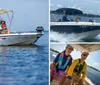 Three people wearing life jackets are enjoying a sunny day on a small motorboat with a Bimini top on a calm water body