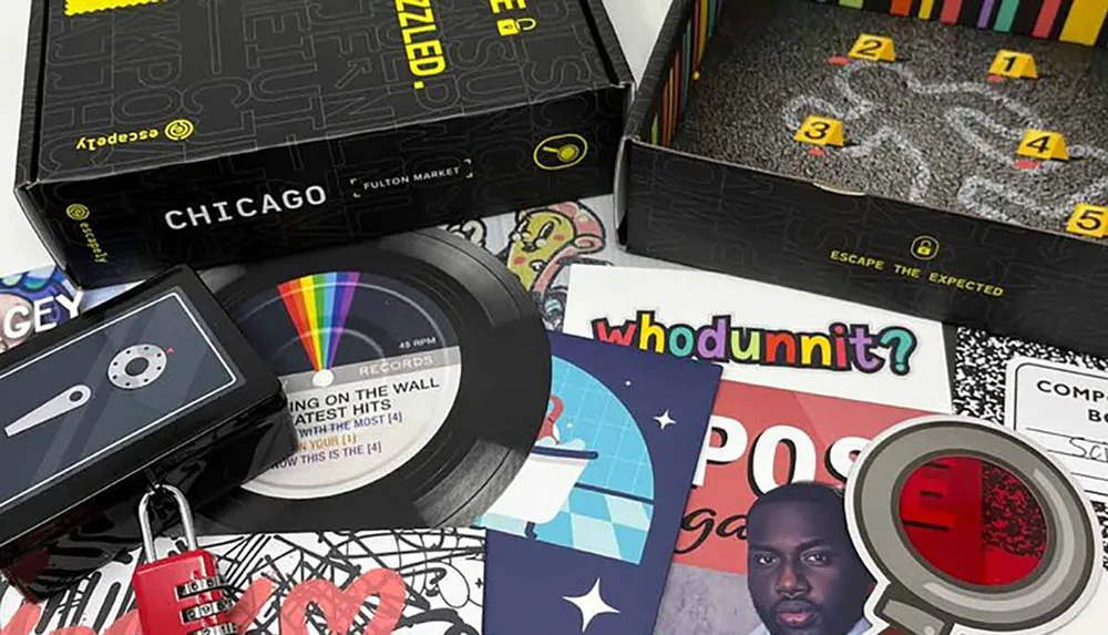 The image shows a collection of various items related to escape room games including boxes with thematic graphics a vinyl record an electronic device resembling an old iPod and other game components spread out on a surface